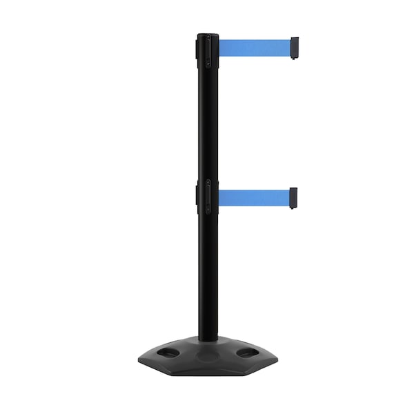 Montour Line Stanchion Dual Belt Barr. Rubber Base Black Post 7.5ftLt Blu Belt P400DRB-BK-LBL-75 - main